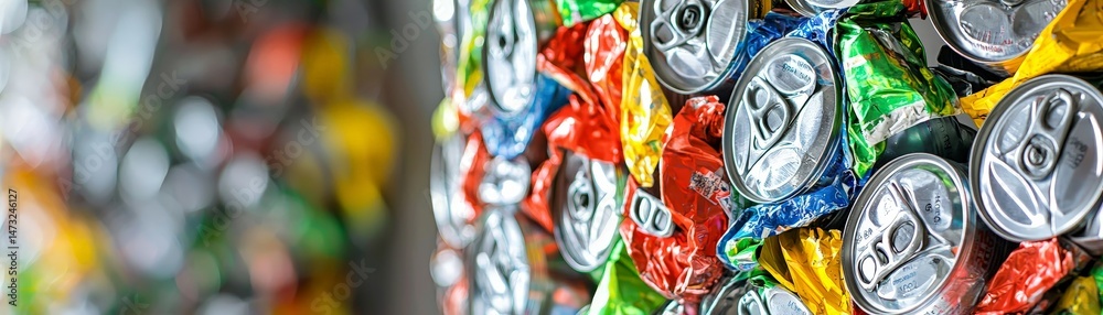 Raising Awareness Through Metal Recycling for a Sustainable Future, Vibrant collage of colorful aluminum can art with a blurred background.