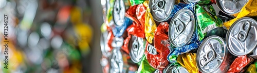 Obraz na płótnie Raising Awareness Through Metal Recycling for a Sustainable Future, Vibrant collage of colorful aluminum can art with a blurred background. w salonie