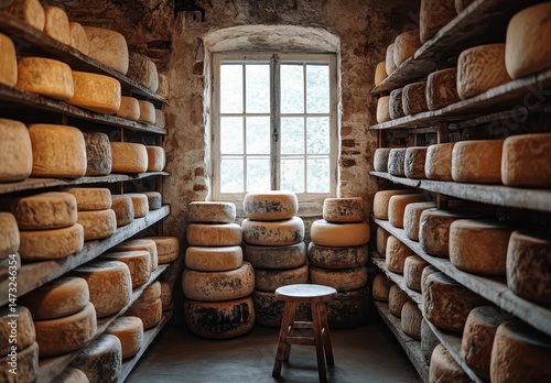 Rustic cheese storage room with wooden shelves filled with various cheese rounds, natural light streaming through a window, inviting atmosphere and texture
