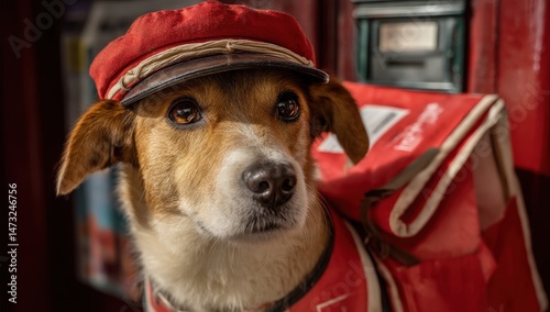 Adorable dog dressed as a mail carrier in red costume.
