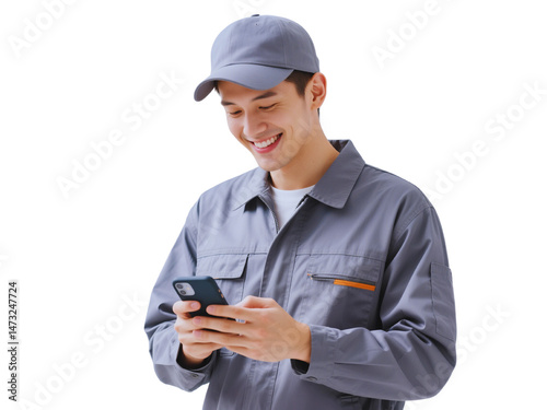 Smiling Asian Man in Work Uniform Using Smartphone