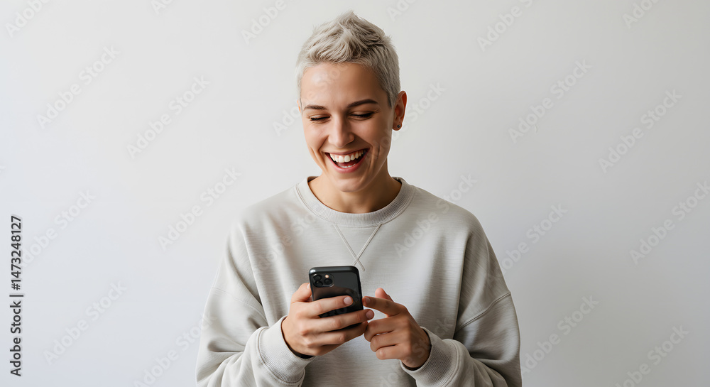 Fototapeta premium Nonbinary person laughing at phone on white background