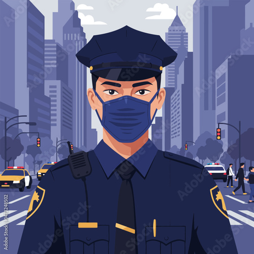 Police Officer Wearing Face Mask on Urban Street with Police Cars