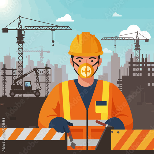 Construction Worker Wearing Mask at Building Site with Cranes