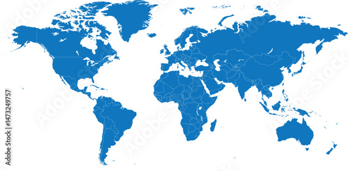 Blue color world map isolated on white background.