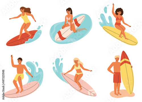 People surfing on waves. Young women and men standing on surfboards. Sports on vacation. Flat vector illustration.