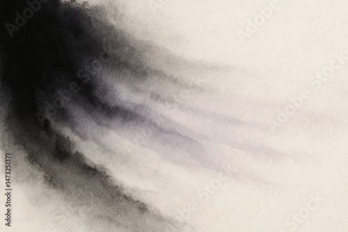 Abstract ink wash background, dark sumi-e black fading into translucent watercolor trails with soft lavender undertones