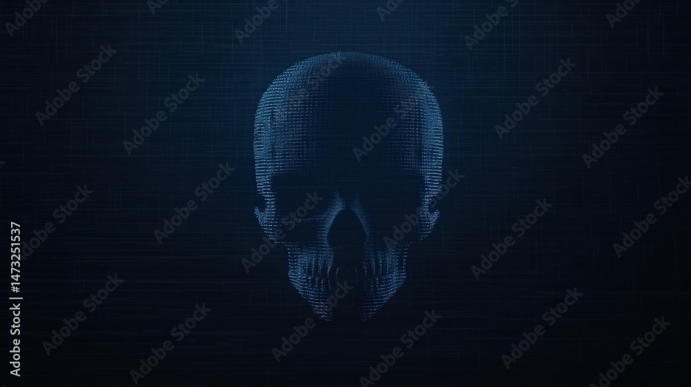 A digital skull made of binary code glows on a dark background, symbolizing cyber threats and digital danger. A digital skull made of binary code glows on a dark background, symbolizing cyber threats and digital danger.