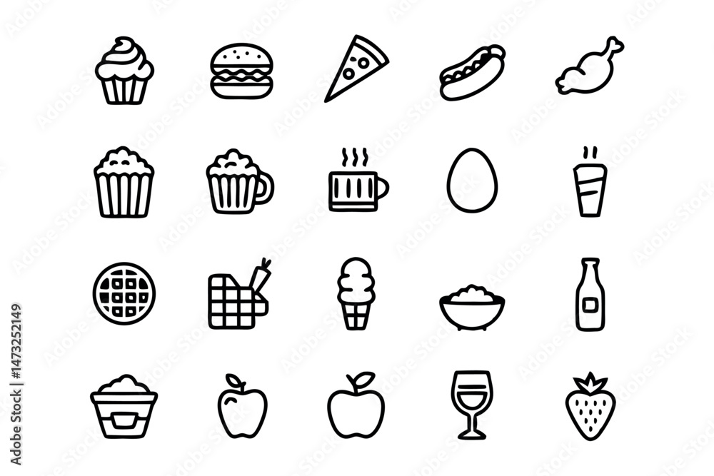 Fototapeta premium A collection of simple line art illustrations depicting various food items and beverages