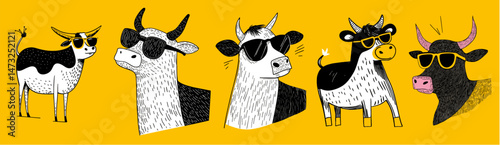 illustration set of cool summer cows wearing sunglasses.
