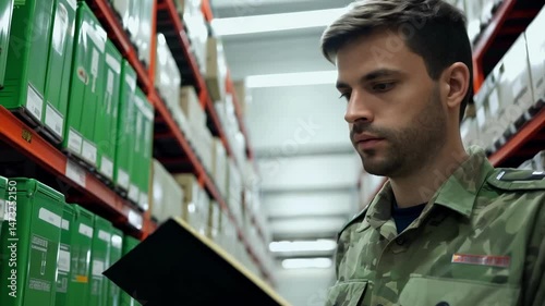 A young Caucasian male soldier stands in a military warehouse with a clipboard. In the military warehouse, a focused soldier stands ready, clipboard in hand, committed to his duties.