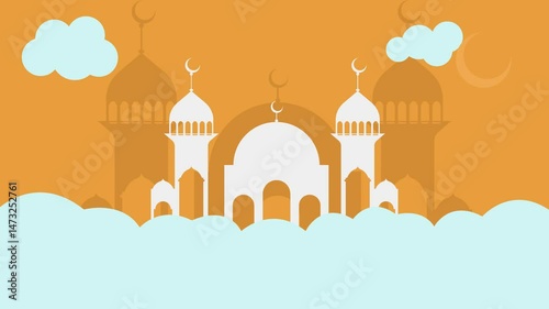 Animation Islam muslims mosque vector illustration with crescent moon and cloud