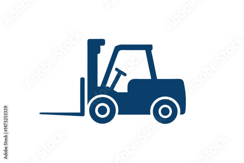 A simple dark blue silhouette illustration of a forklift construction machinery equipment