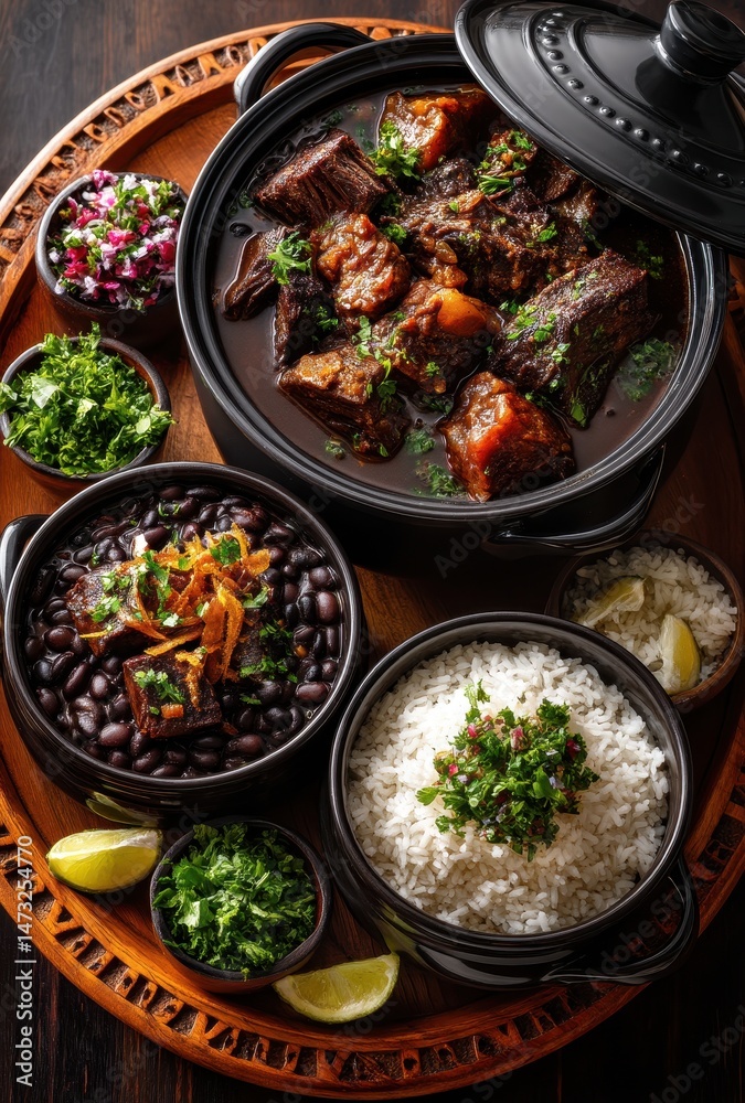 Savory Dish of Tender Beef Stew Served with Black Beans, White Rice, Fresh Herbs, and Lime on a Wooden Tray in a Rustic Setting Savory Dish of Tender Beef Stew Served with Black Beans, White Rice, Fresh Herbs, and Lime on a Wooden Tray in a Rustic Setting