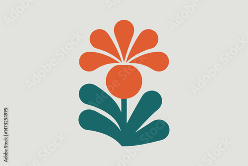 Simplified floral illustration featuring orange petals and teal leaves on a light gray background