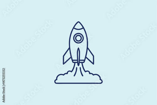 Simplified outline drawing depicting a rocket ship taking off into the blue sky