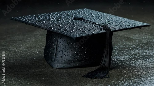 rain drops, Close-up of a graduation cap with a golden tassel on a textured surface, captured at a low angle. Ideal for an educational video theme. graduation cap, dark tassel, metallic black, 