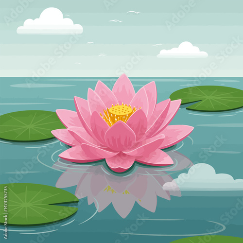 Pink Water Lily Floating in Pond with Lily Pads and Clouds