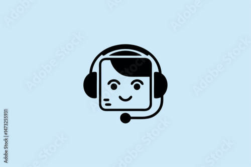 Smiling customer service representative icon with headphones and microphone on light blue background