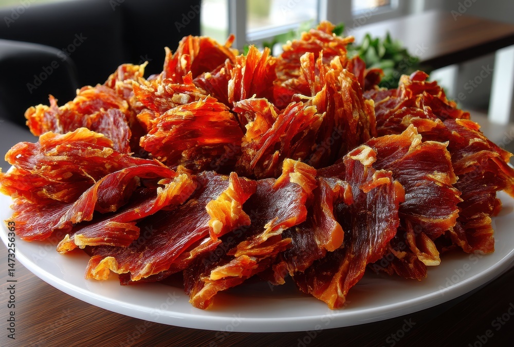 Savory Dried Meat Snack Arranged on a White Plate Showcasing Rich Color and Texture in a Cozy Indoor Setting Savory Dried Meat Snack Arranged on a White Plate Showcasing Rich Color and Texture in a Cozy Indoor Setting