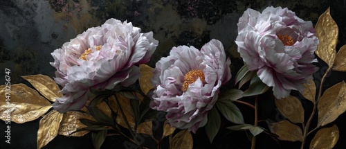 Fototapeta Naklejka Na Ścianę i Meble -  Elegant peonies with golden leaves on dark background.