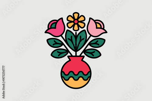 Colorful vector illustration of floral arrangement in vase with simple outlines and design
