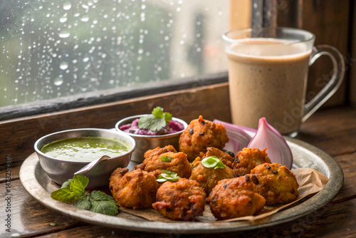Assorted pakoras (onion, chili, paneer) on a rustic tin plate, with mint chutney and steaming chai, styled with raindrops on a window