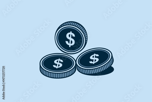 Three american dollar coins isolated on a light blue background simple financial illustration