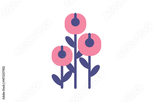 Simple and stylized pink flowers with dark blue centers and stems on a white background
