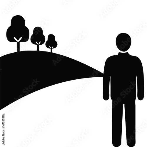 Silhouette of Man Standing Alone on Nature Trail – Hills and Trees Background, Face Turned Away

