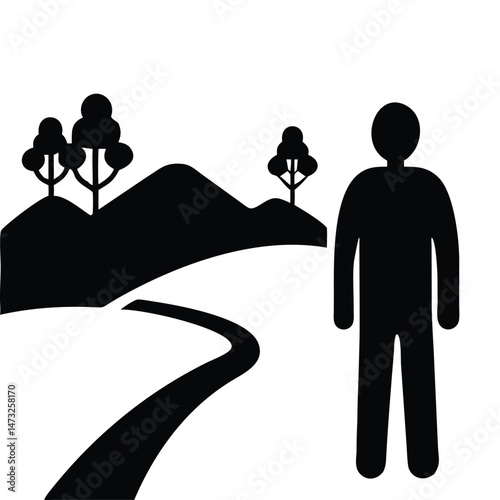 Silhouette of Man Standing Alone on Nature Trail – Hills and Trees Background, Face Turned Away

