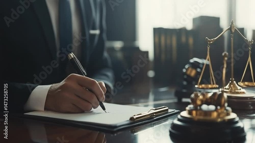 Advocate signing legal documents with scales of justice in the background video
