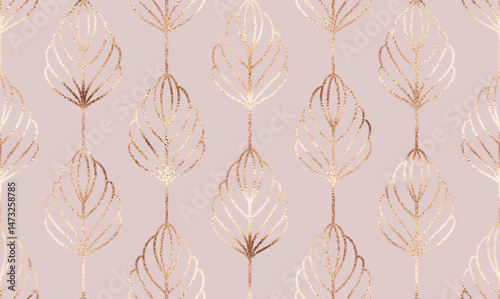 Art deco floral seamless pattern with rose gold glitter buds.