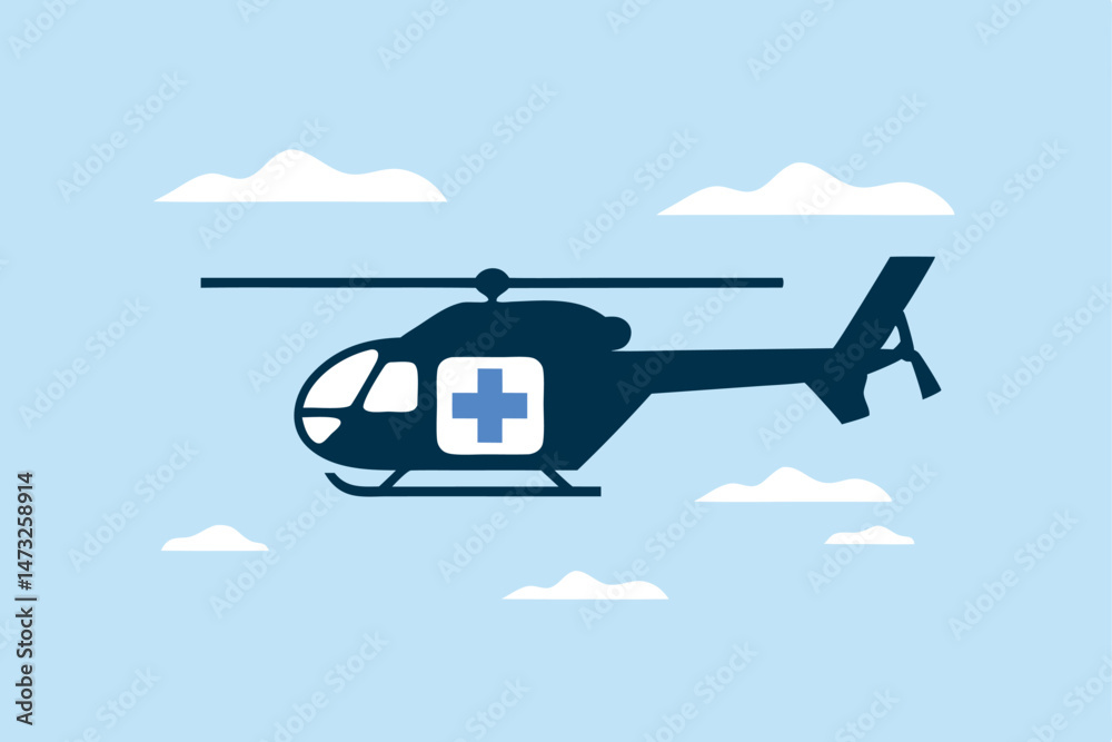 Illustration of a medical helicopter with a cross symbol flying through the sky
