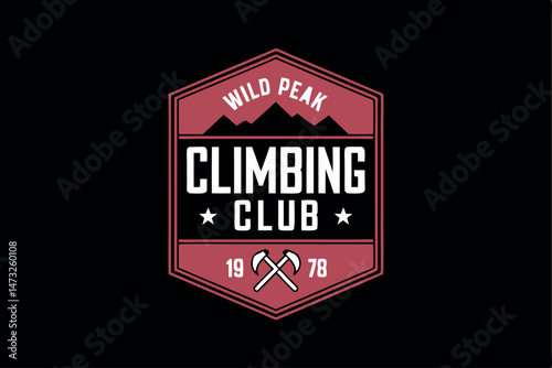 Vintage climbing club logo with mountains and axes for adventure or outdoor activities
