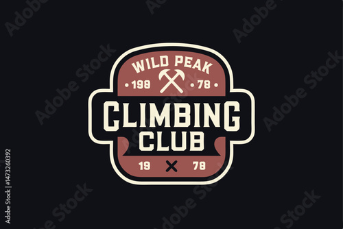 Vintage climbing club logo featuring text and crossed ice axes on a dark background