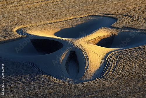Sunlit, abstract crop circles in a field