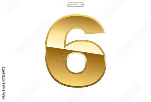  Gold numbers 6 with endings made of golden ribbons isolated on transparent background. Vector decorative design elements template