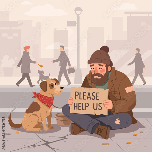 Homeless Person Begging with Dog Sitting in City Street Cartoon