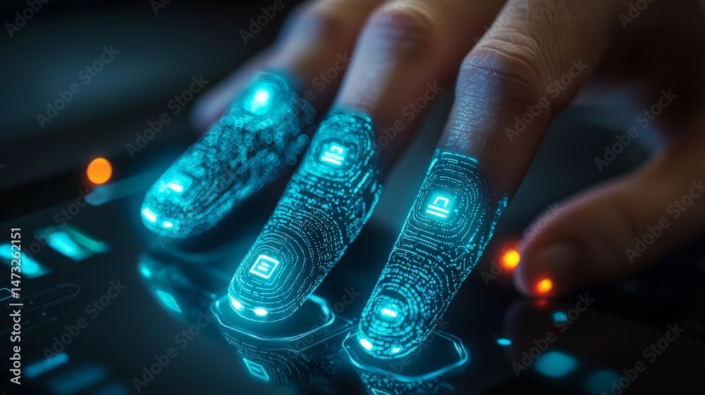 Seamless Interaction Through Touch-Sensitive Surfaces, Futuristic hands interacting with a glowing touchscreen interface showcasing biometric features.