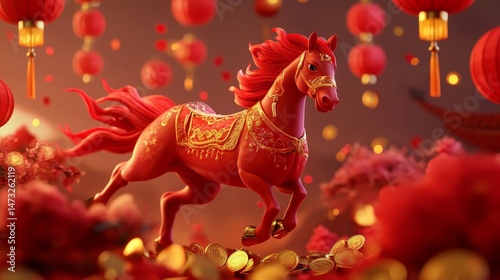 Create a vibrant scene for Chinese New Year featuring the Shio Horse, adorned with traditional decorations like red lanterns and gold coins, galloping joyfully through a festive landscape