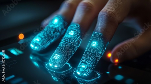 Obraz na płótnie Seamless Interaction Through Touch-Sensitive Surfaces, Futuristic hands interacting with a glowing touchscreen interface showcasing biometric features. w salonie