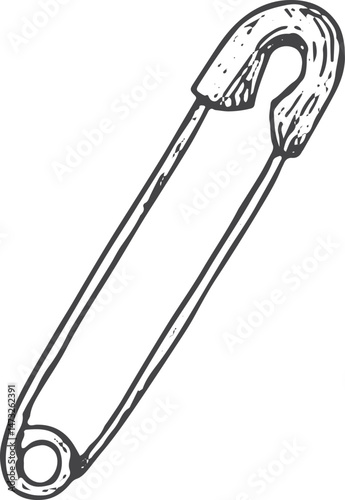 Safety pins illustration, versatile sewing tools for pinning fabric, shown in a vintage sketch style, ideal for dressmaking and crafting projects on a white background
