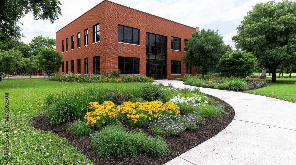 Naklejka premium Landscaped Brick Building Exterior with Curved Walkway