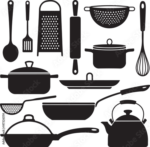 Essential Kitchen Tools Silhouette Set

Modern Chef Cooking in Kitchen Vector

Minimalist Kitchen Utensils Illustration

Silhouette of Home Kitchen Interior

Baking and Cooking Utensil Design