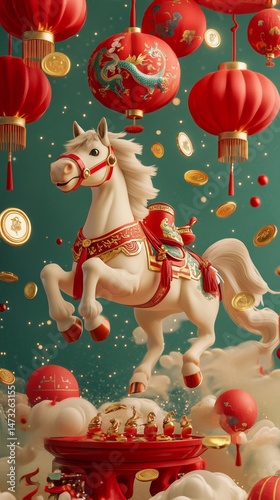 Create a vibrant scene for Chinese New Year featuring the Shio Horse, adorned with traditional decorations like red lanterns and gold coins, galloping joyfully through a festive landscape