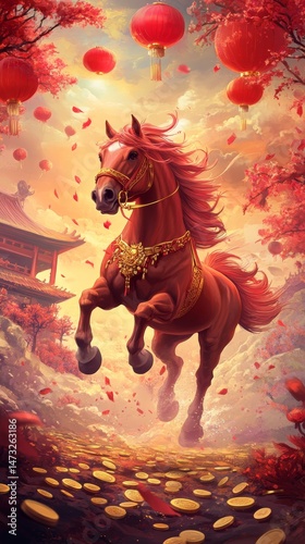 Create a vibrant scene for Chinese New Year featuring the Shio Horse, adorned with traditional decorations like red lanterns and gold coins, galloping joyfully through a festive landscape