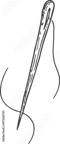 Needle with thread illustration, a fundamental sewing tool for stitching fabric, shown in a vintage sketch style, ideal for dressmaking and crafting projects on a white background