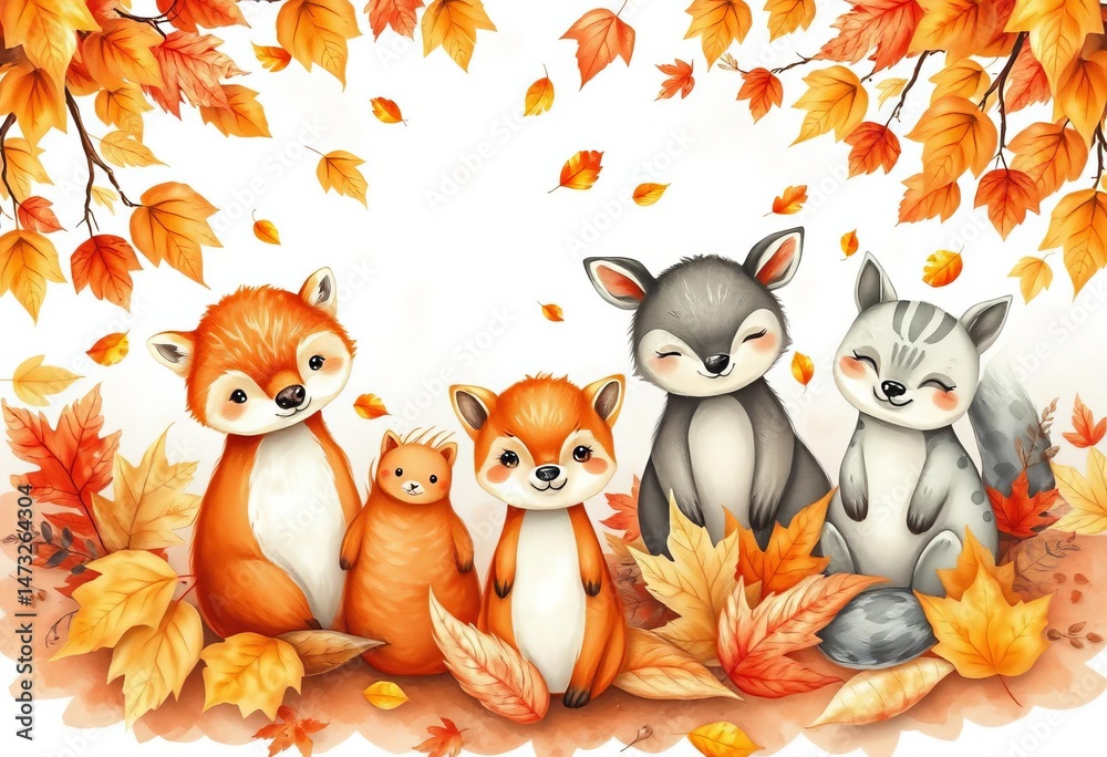 Fototapeta premium Cute watercolor autumn animals amongst falling leaves , forest, cartoon