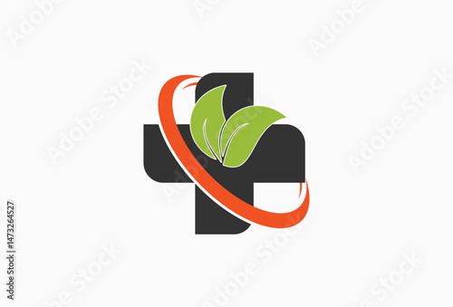 natural health care, herbal medicine with leaf and medical cross logo design element